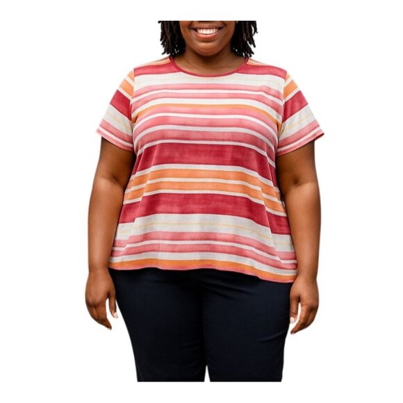 Croft & Barrow 2X Top Womens Plus-Size Striped Classic Tee Red Orange Cotton - Picture 1 of 8